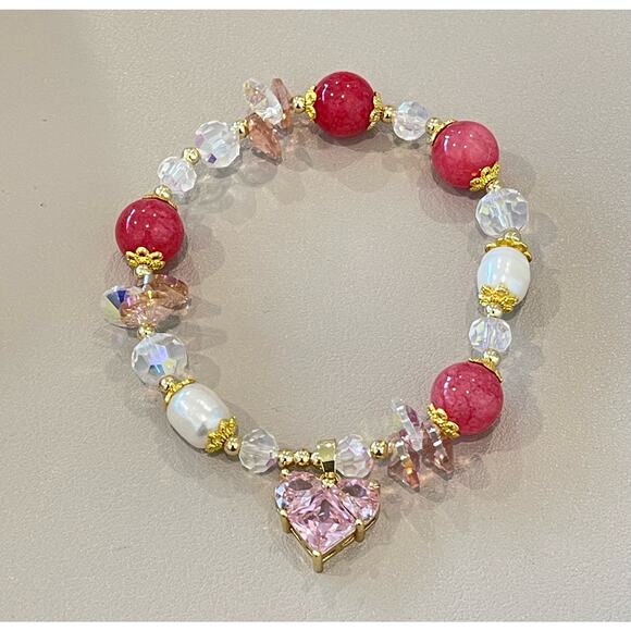 Pink Swarovski Beaded Bracelet Heart Charm - Picture 3 of 8